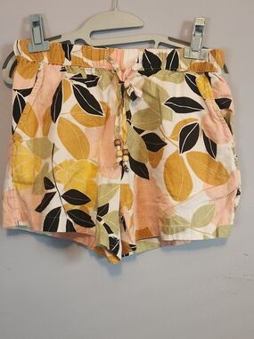 Rachel Zoe Floral Leaf High-Waist Drawstring Shorts in Yellow Pink Black